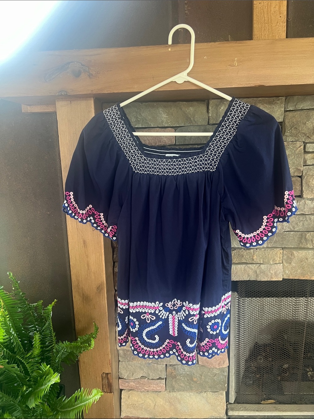 crown & ivy Navy Embroidered Peasant Blouse with Pink & White Accents
